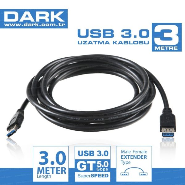 Dark USB Uzatma Kablosu Siyah (3m) - DK-CB-USB3EXTL300